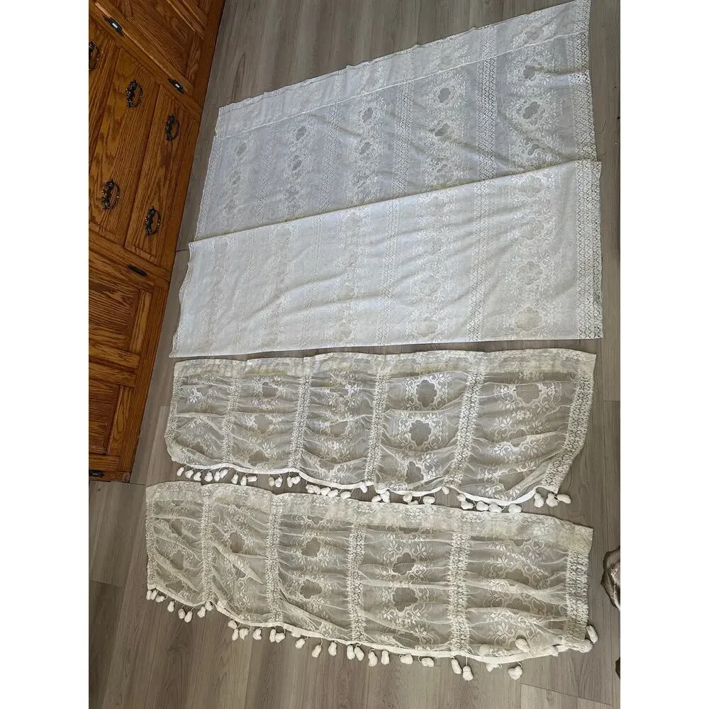 Cream Lace Curtain Panel Set Floral Medallion Pom Pom Valance 4 Pc Cottagecore